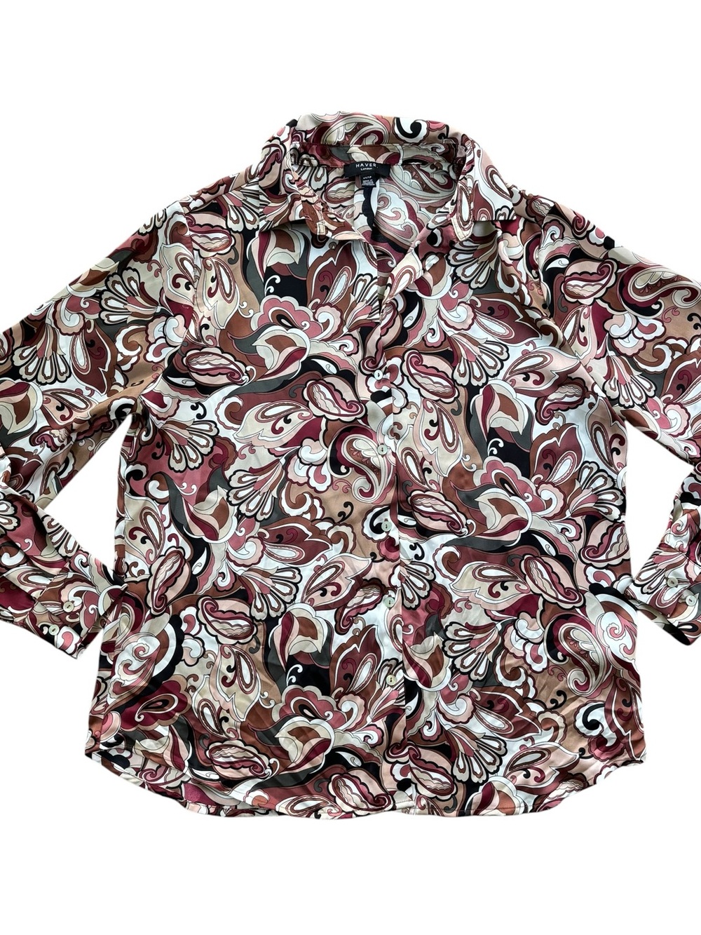 Have Women's Paisley Button-Up Blouse in Burgundy, Beige & Black